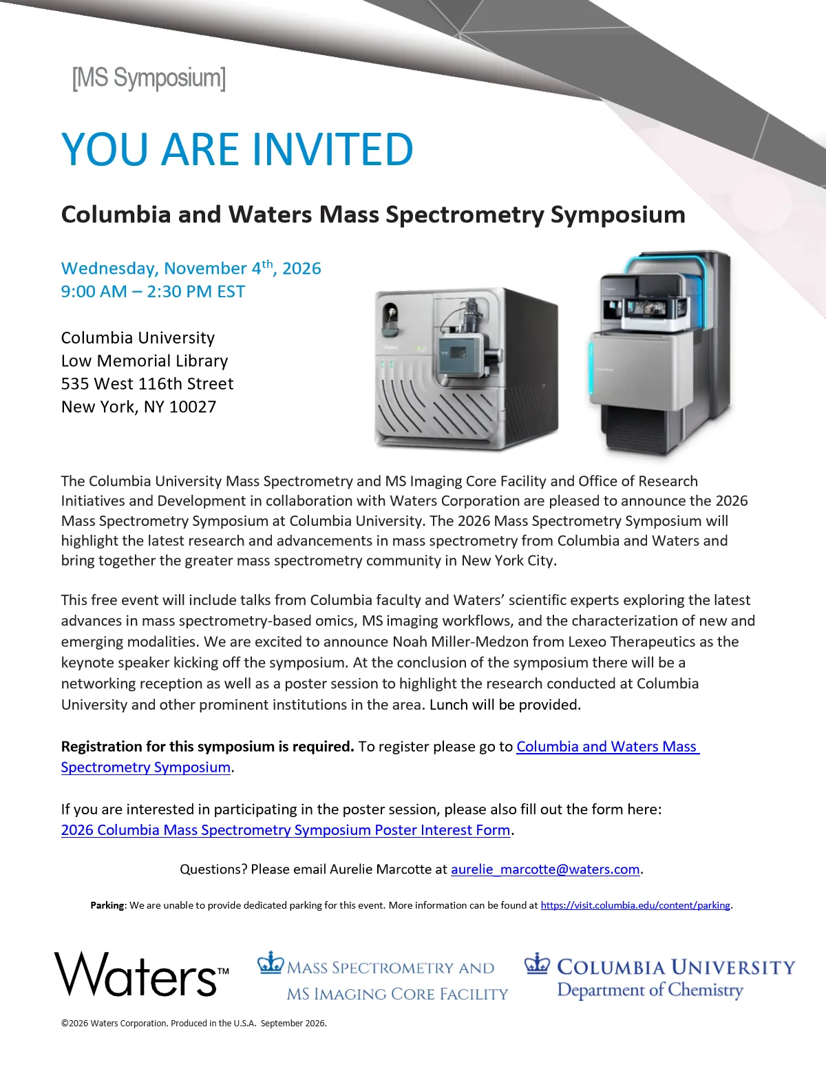 Flyer: Columbia and Waters Mass Spectrometry Symposium 2026, Wednesday November 4 2026, 9:00 AM to 2:30 PM, Low Memorial Library, Columbia University. Click to register.